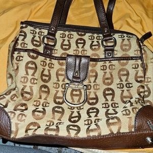 Etienne Aigner Tan Brown Logo Fabric Leather Bag Purse Shoulder Bag